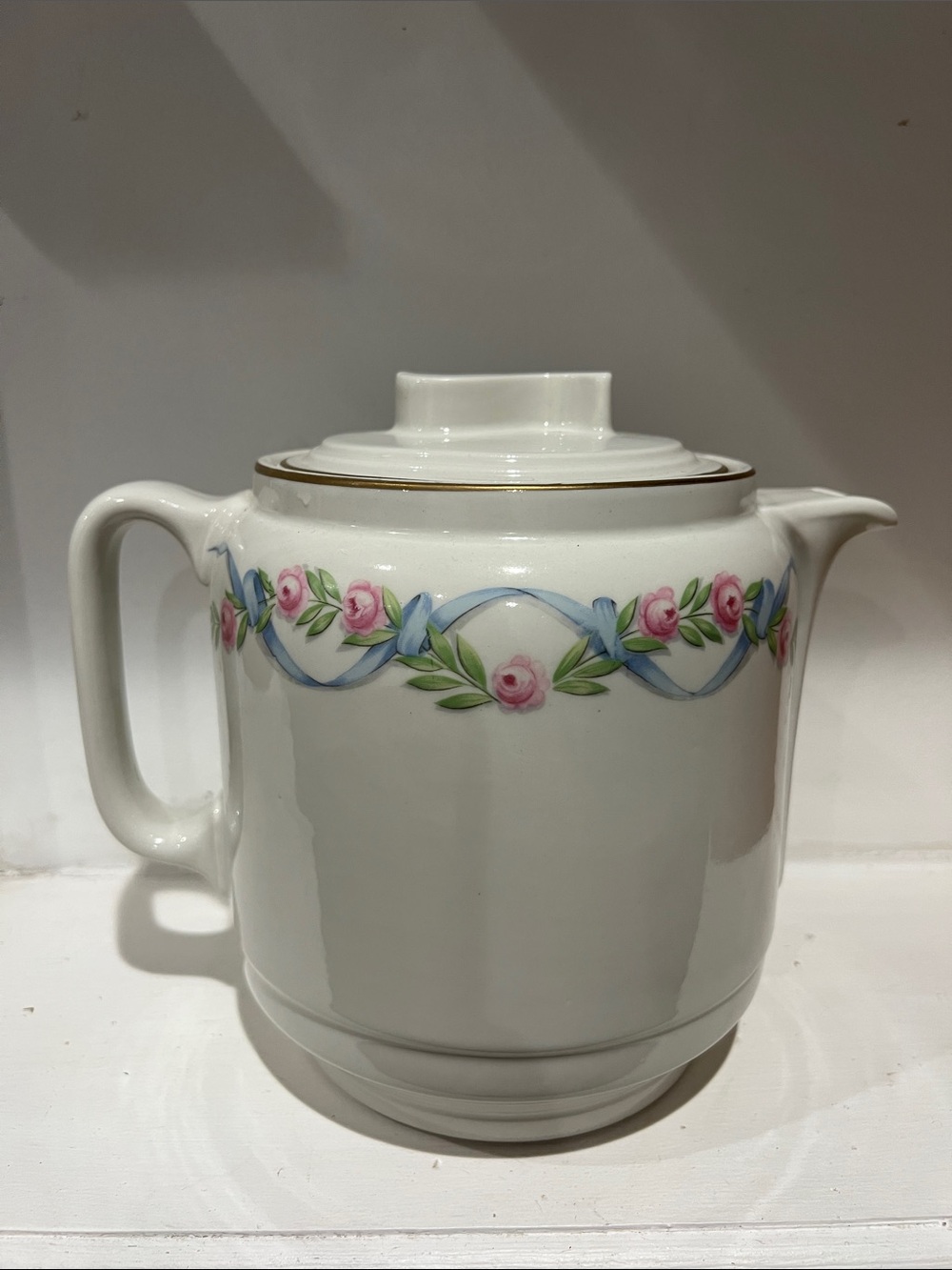 Vintage Ceramic Coffee Carafe - Pink Roses & Blue Ribbon